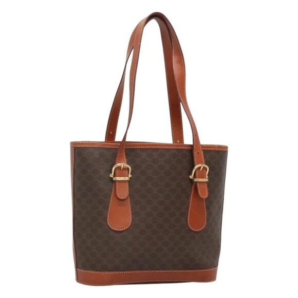 CELINE Macadam Canvas Shoulder Bag PVC Leather Brown Gold Auth sw680 - Picture 1 of 16